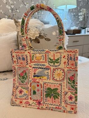 Tropical Stamp-Print Canvas Tote Bag
